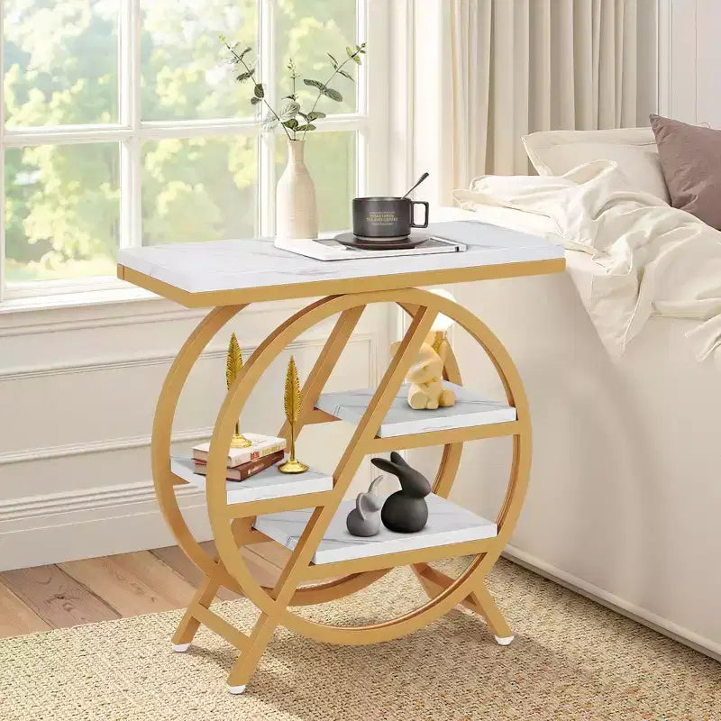 TUYOHW Industrial End Table,4-Tier Side Table with Rustic White Top & Gold Metal Frame,Staggered Shelves