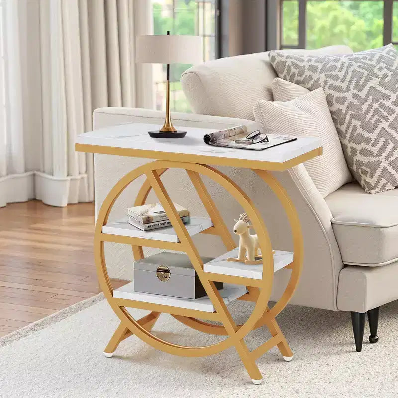 TUYOHW Tavolino industriale, tavolino a 4 livelli con piano rustico bianco e struttura in metallo dorato, mensole sfalsate