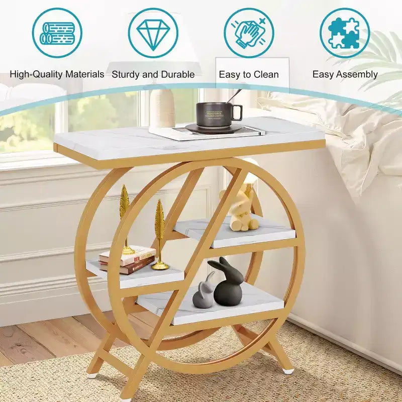 TUYOHW Tavolino industriale, tavolino a 4 livelli con piano rustico bianco e struttura in metallo dorato, mensole sfalsate