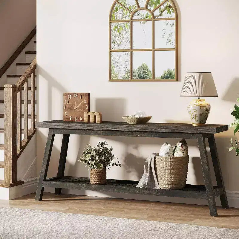 Tavolo Consolle Lantine da 180 cm per Ingresso, Tavolo da Ingresso a 2 Livelli Stile Rustico, Tavolo Lungo e Stretto Dietro il Divano, Marrone