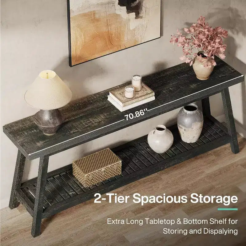 Tavolo Consolle Lantine da 180 cm per Ingresso, Tavolo da Ingresso a 2 Livelli Stile Rustico, Tavolo Lungo e Stretto Dietro il Divano, Marrone