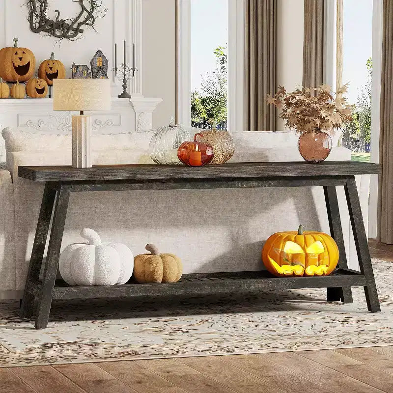 Tavolo Consolle Lantine da 180 cm per Ingresso, Tavolo da Ingresso a 2 Livelli Stile Rustico, Tavolo Lungo e Stretto Dietro il Divano, Marrone