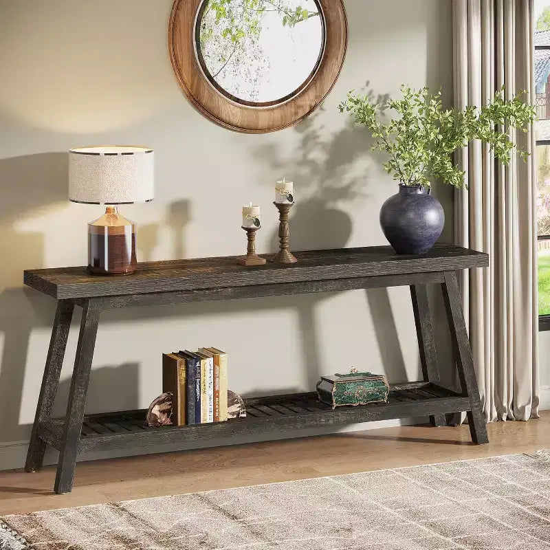 Tavolo Consolle Lantine da 180 cm per Ingresso, Tavolo da Ingresso a 2 Livelli Stile Rustico, Tavolo Lungo e Stretto Dietro il Divano, Marrone