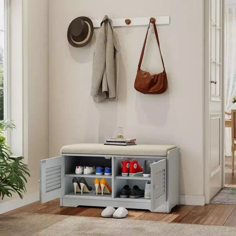Panca scarpiera TUYOHW 28.74'' con armadietto a 2 ante, panca da ingresso con ripiani regolabili e cuscino rimovibile, scarpiera per corridoio (3 colori)