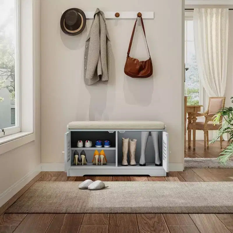 Panca scarpiera TUYOHW 28.74'' con armadietto a 2 ante, panca da ingresso con ripiani regolabili e cuscino rimovibile, scarpiera per corridoio (3 colori)