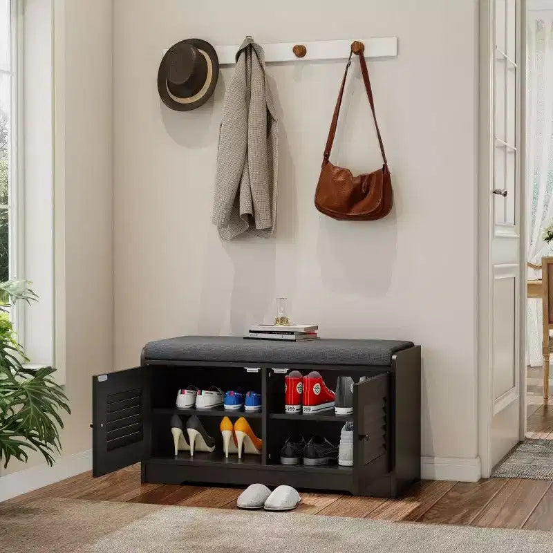 Panca scarpiera TUYOHW 28.74'' con armadietto a 2 ante, panca da ingresso con ripiani regolabili e cuscino rimovibile, scarpiera per corridoio (3 colori)