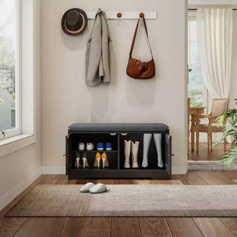 Panca scarpiera TUYOHW 28.74'' con armadietto a 2 ante, panca da ingresso con ripiani regolabili e cuscino rimovibile, scarpiera per corridoio (3 colori)