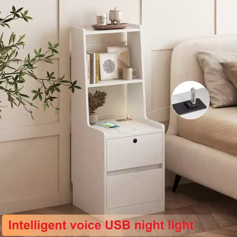 JVNOXK Comodino intelligente da 15 pollici con stazione di ricarica, luce notturna ad attivazione vocale, libreria integrata, vano portaoggetti, bianco