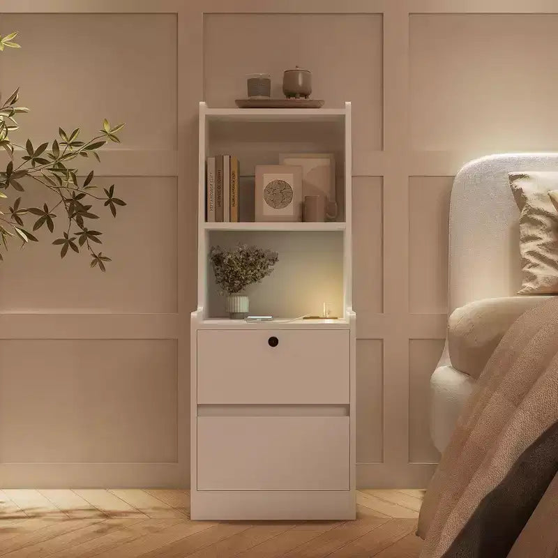 JVNOXK Comodino intelligente da 15 pollici con stazione di ricarica, luce notturna ad attivazione vocale, libreria integrata, vano portaoggetti, bianco