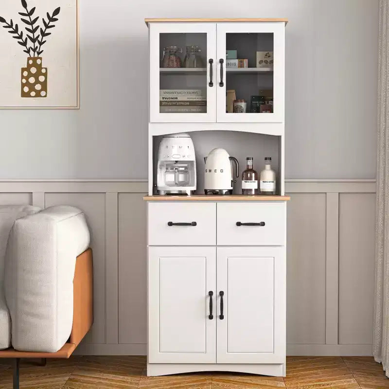 Mobile dispensa da cucina sumyeg in legno con ante in vetro e cassetto portaoggetti