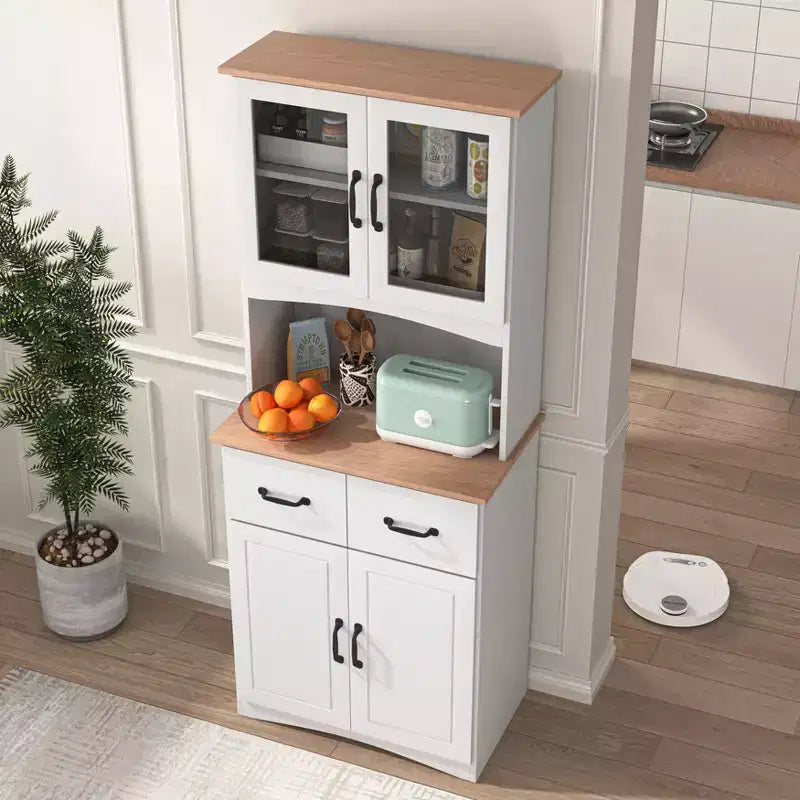 Mobile dispensa da cucina sumyeg in legno con ante in vetro e cassetto portaoggetti