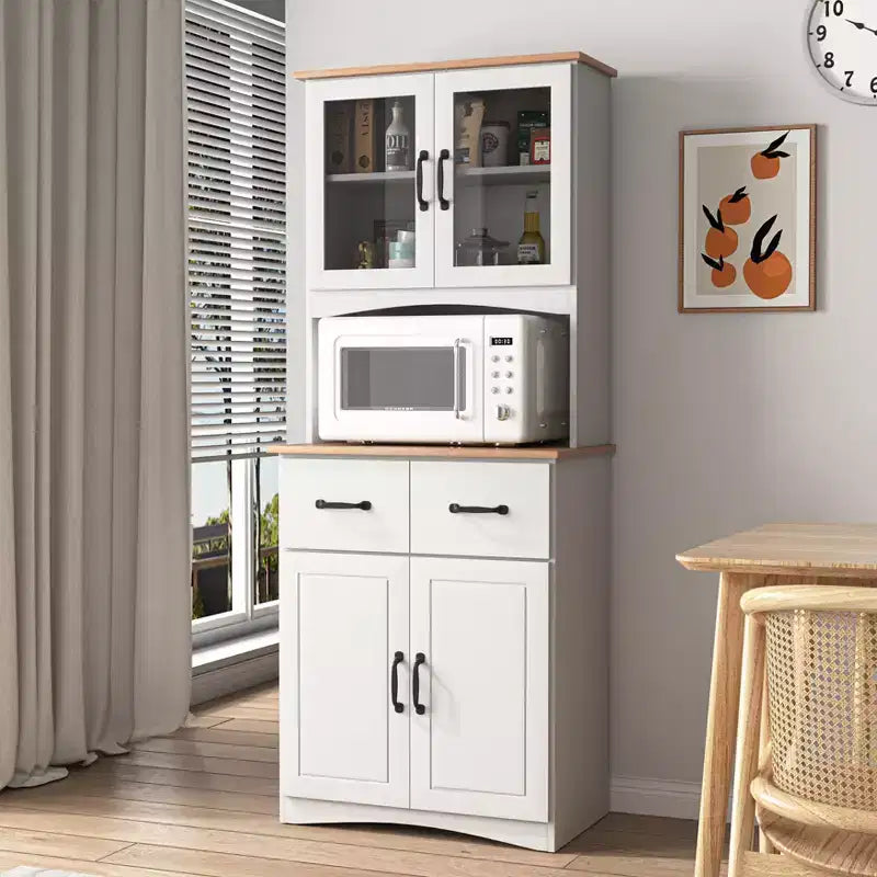 Mobile dispensa da cucina sumyeg in legno con ante in vetro e cassetto portaoggetti