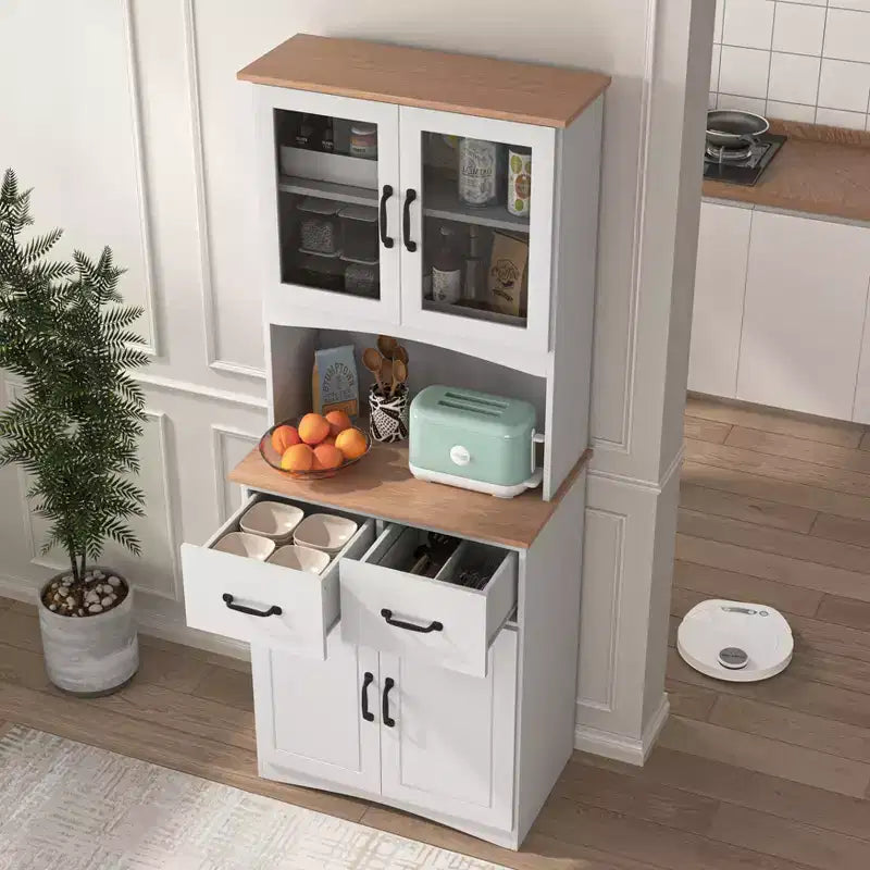 Mobile dispensa da cucina sumyeg in legno con ante in vetro e cassetto portaoggetti