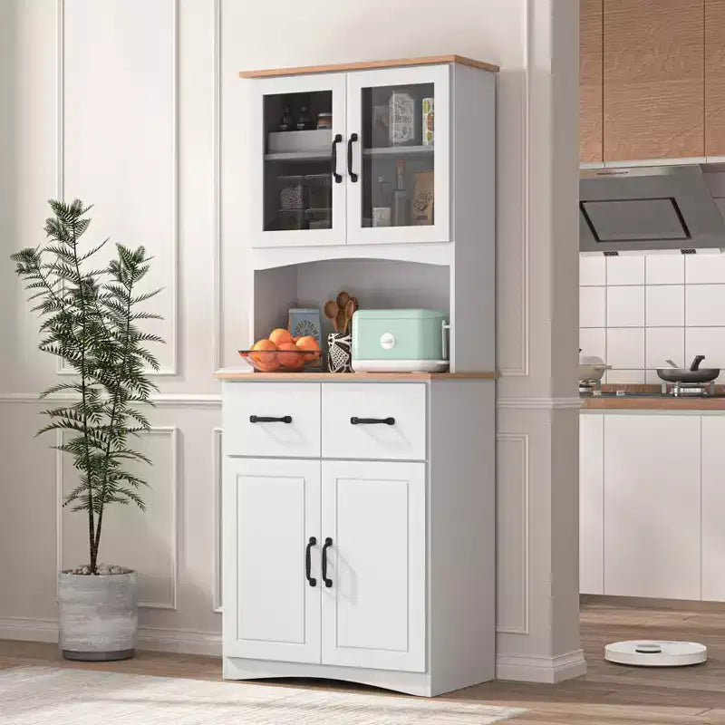 Mobile dispensa da cucina sumyeg in legno con ante in vetro e cassetto portaoggetti