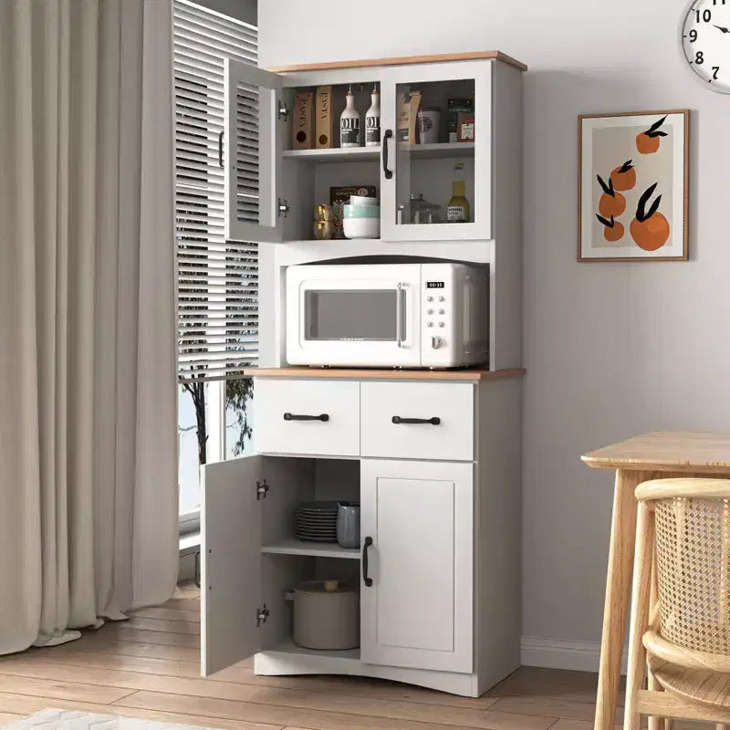Mobile dispensa da cucina sumyeg in legno con ante in vetro e cassetto portaoggetti
