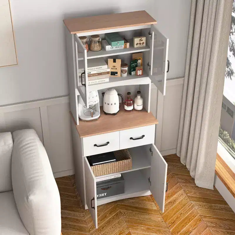 Mobile dispensa da cucina sumyeg in legno con ante in vetro e cassetto portaoggetti