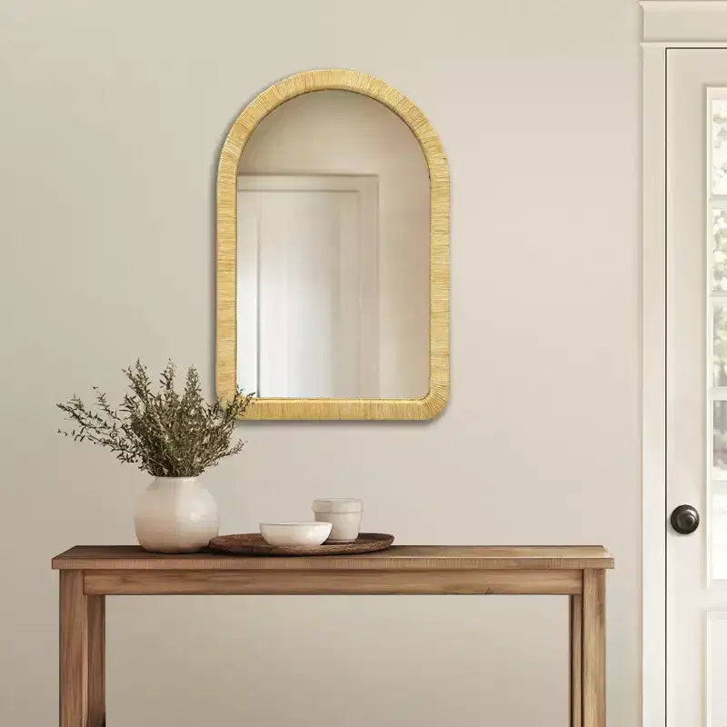 Specchio da parete Okak in rattan naturale per camera da letto, caffetteria, specchio da trucco grande rotondo/ad arco da interno