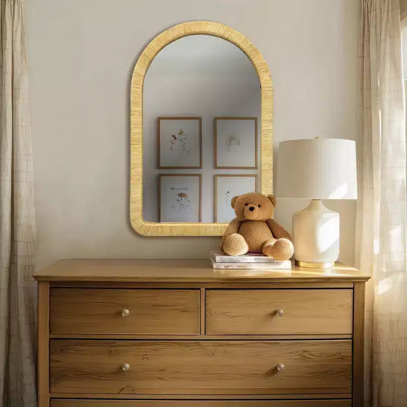Specchio da parete Okak in rattan naturale per camera da letto, caffetteria, specchio da trucco grande rotondo/ad arco da interno