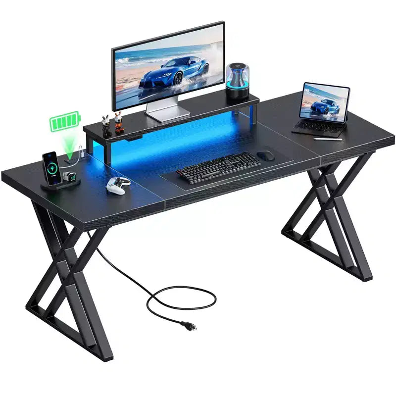 Scrivania da gaming TUYOHW, scrivania per computer con rialzo per monitor, telaio a X, stazione di ricarica USB, striscia luminosa a LED, piano spesso, scrivania per ufficio