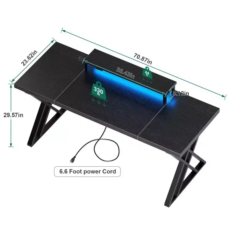 Scrivania da gaming TUYOHW, scrivania per computer con rialzo per monitor, telaio a X, stazione di ricarica USB, striscia luminosa a LED, piano spesso, scrivania per ufficio