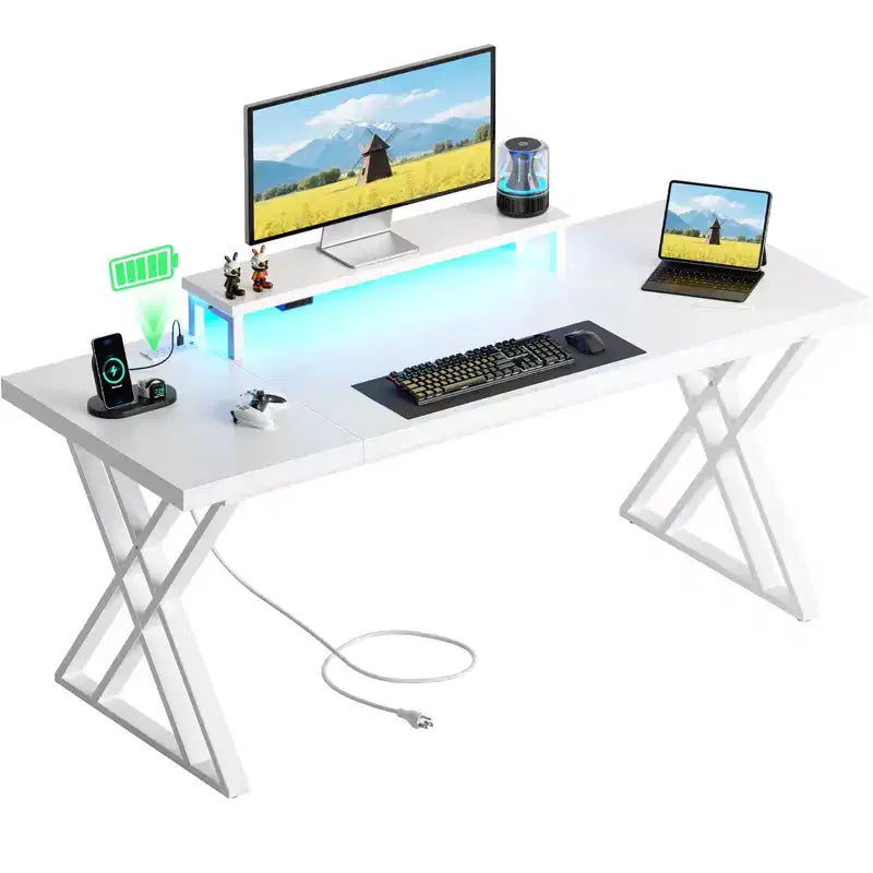 Scrivania da gaming TUYOHW, scrivania per computer con rialzo per monitor, telaio a X, stazione di ricarica USB, striscia luminosa a LED, piano spesso, scrivania per ufficio