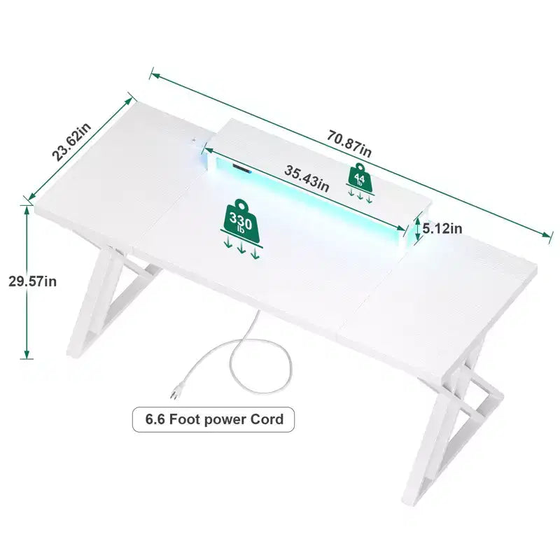 Scrivania da gaming TUYOHW, scrivania per computer con rialzo per monitor, telaio a X, stazione di ricarica USB, striscia luminosa a LED, piano spesso, scrivania per ufficio