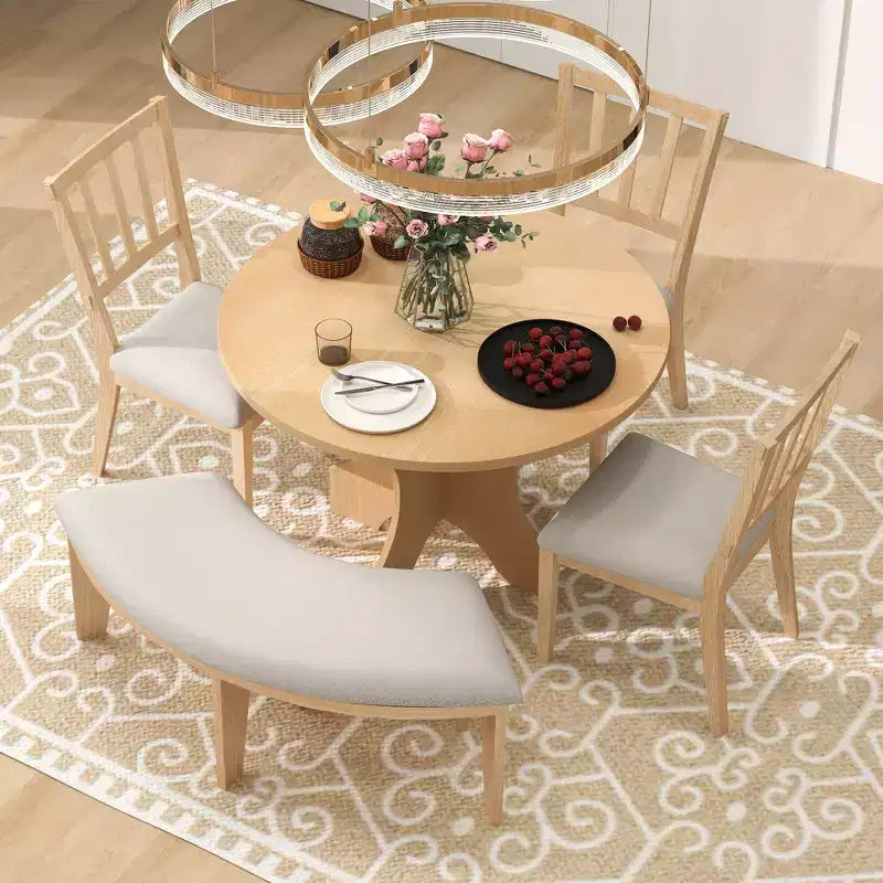 GDFStudio Agnes Set da Pranzo Rustico Rotondo da 5 Pezzi con Sedie Imbottite e Panca Curva