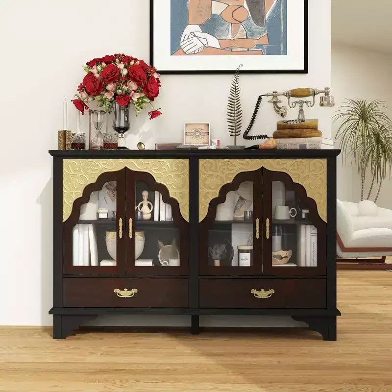 Hitow Vintage Luxury Sideboard Buffet: Black & Brown Finish,Gold Carved Accents + Glass-Door,Drawer Storage  Ornate Buffet Cabinet for Dining Rooms