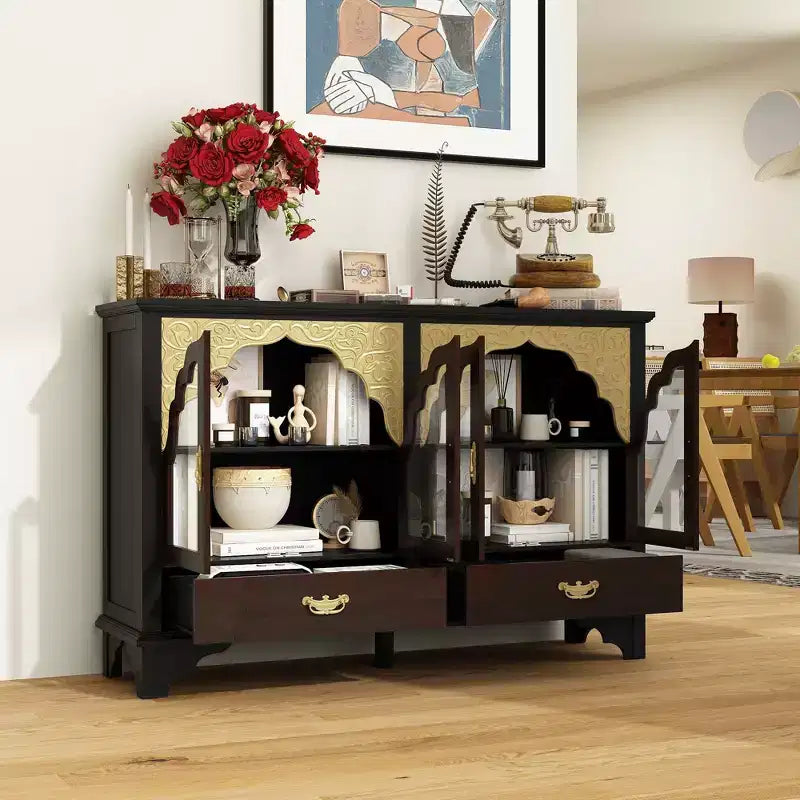 Hitow Mobile Buffet Vintage di Lusso: Finitura Nera e Marrone, Accenti Intagliati Dorati + Anta in Vetro, Contenitore a Cassetti, Credenza Ornata per Sala da Pranzo