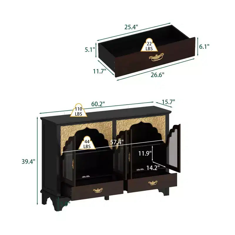 Hitow Mobile Buffet Vintage di Lusso: Finitura Nera e Marrone, Accenti Intagliati Dorati + Anta in Vetro, Contenitore a Cassetti, Credenza Ornata per Sala da Pranzo