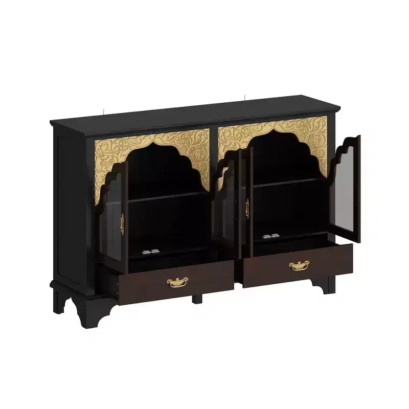 Hitow Mobile Buffet Vintage di Lusso: Finitura Nera e Marrone, Accenti Intagliati Dorati + Anta in Vetro, Contenitore a Cassetti, Credenza Ornata per Sala da Pranzo