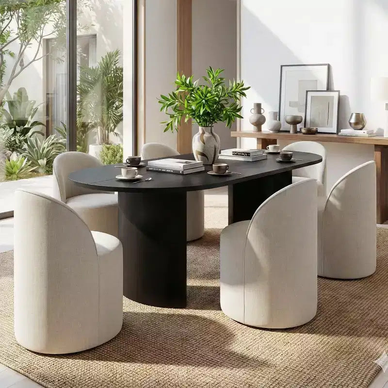 Set da pranzo per 6, tavolo ovale da 79 pollici e sedie a barilotto rivestite in tessuto di lino con ruote, per la sala da pranzo-Panipeachy