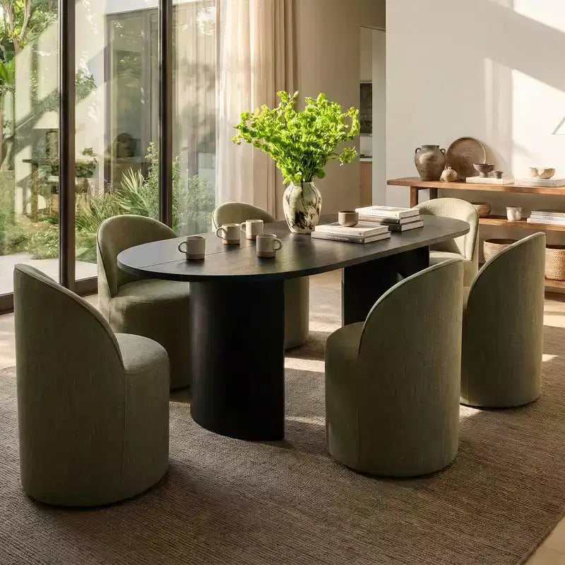 Set da pranzo per 6, tavolo ovale da 79 pollici e sedie a barilotto rivestite in tessuto di lino con ruote, per la sala da pranzo-Panipeachy