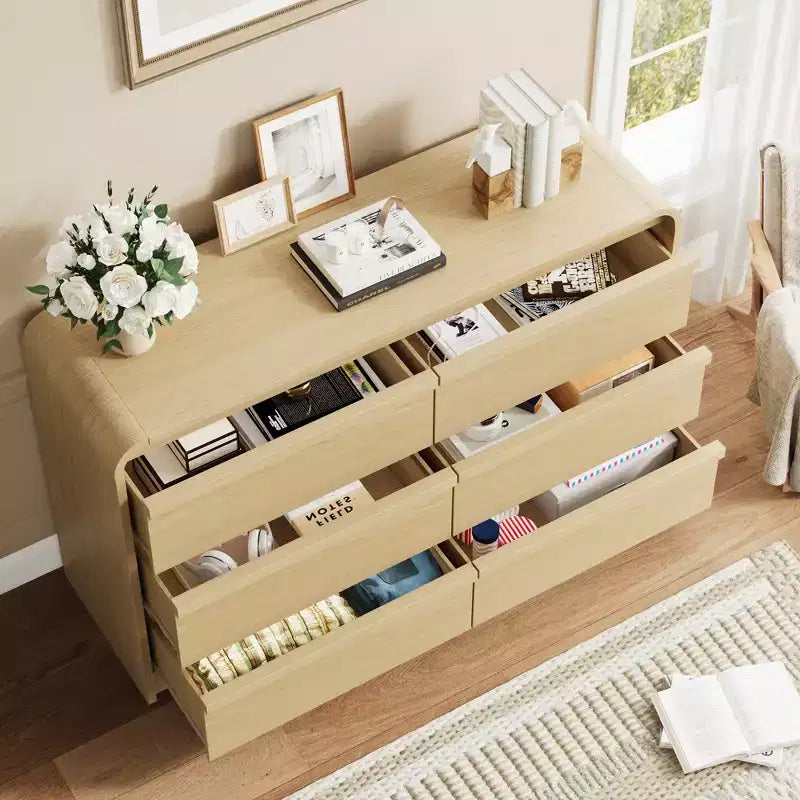 Cassettiera Arcata a 6 Cassetti per Camera da Letto, Cassettiera in Legno Larga 120 cm a 6 Cassetti con Design Curvo, Moderno Mobile Contenitore per Soggiorno, Cameretta