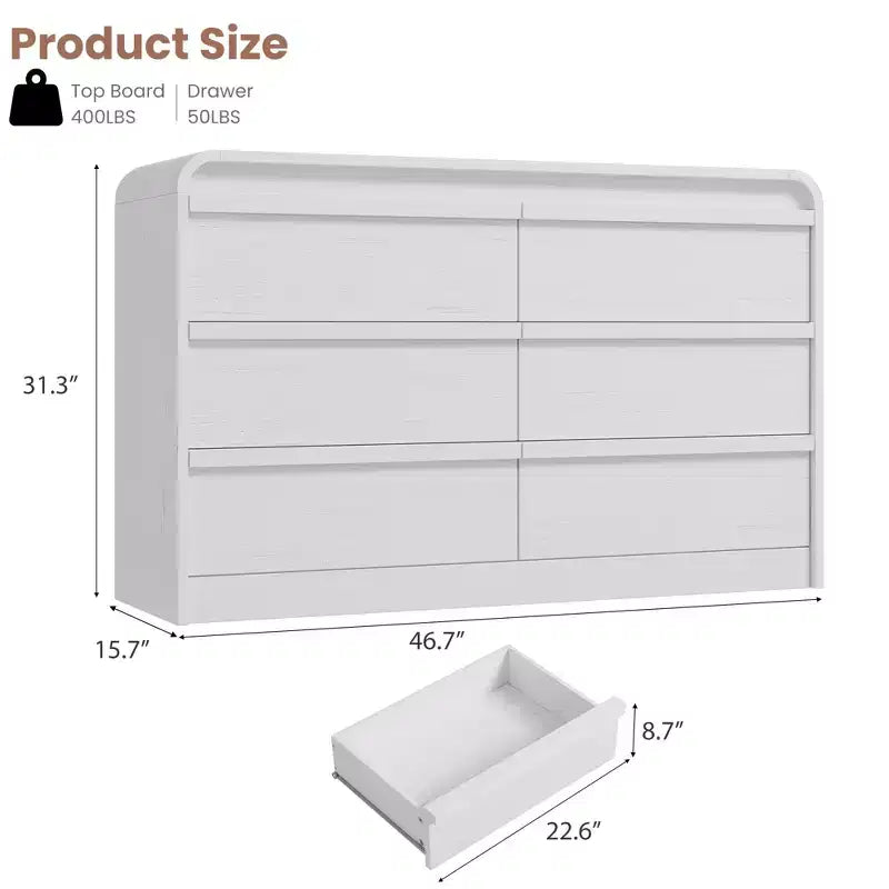Cassettiera Arcata a 6 Cassetti per Camera da Letto, Cassettiera in Legno Larga 120 cm a 6 Cassetti con Design Curvo, Moderno Mobile Contenitore per Soggiorno, Cameretta