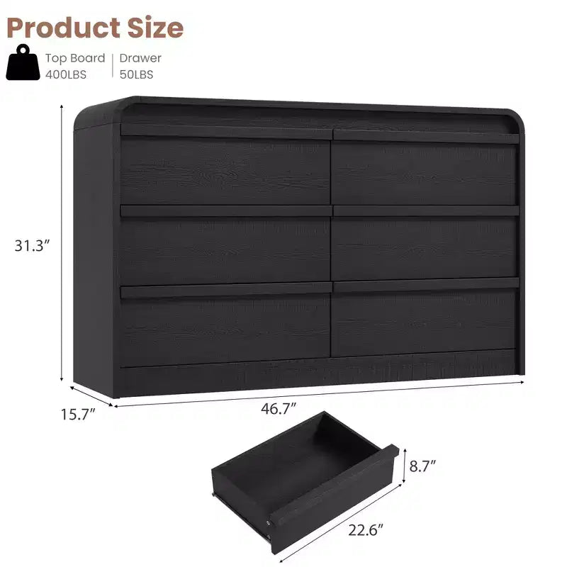 Cassettiera Arcata a 6 Cassetti per Camera da Letto, Cassettiera in Legno Larga 120 cm a 6 Cassetti con Design Curvo, Moderno Mobile Contenitore per Soggiorno, Cameretta
