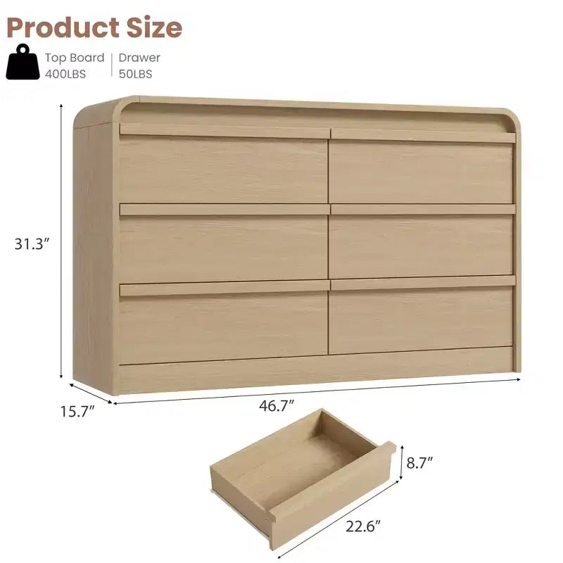 Cassettiera Arcata a 6 Cassetti per Camera da Letto, Cassettiera in Legno Larga 120 cm a 6 Cassetti con Design Curvo, Moderno Mobile Contenitore per Soggiorno, Cameretta