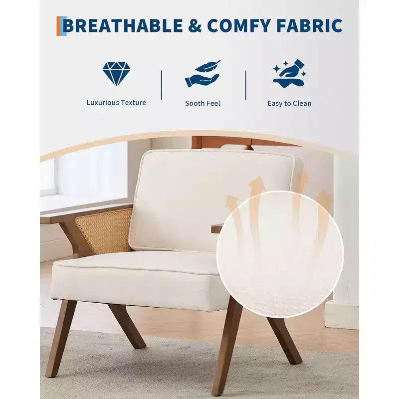 Poltrona imbottita in lino, sedia da trucco vintage in rattan in stile moderno di metà secolo con braccioli e gambe in legno per soggiorno camera da letto