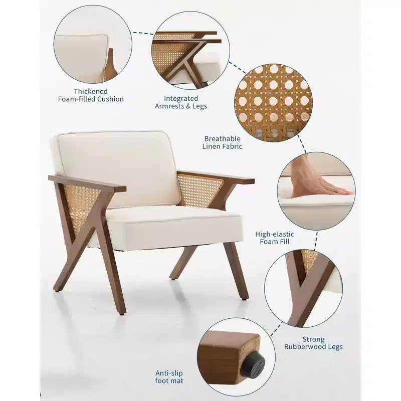 Poltrona imbottita in lino, sedia da trucco vintage in rattan in stile moderno di metà secolo con braccioli e gambe in legno per soggiorno camera da letto