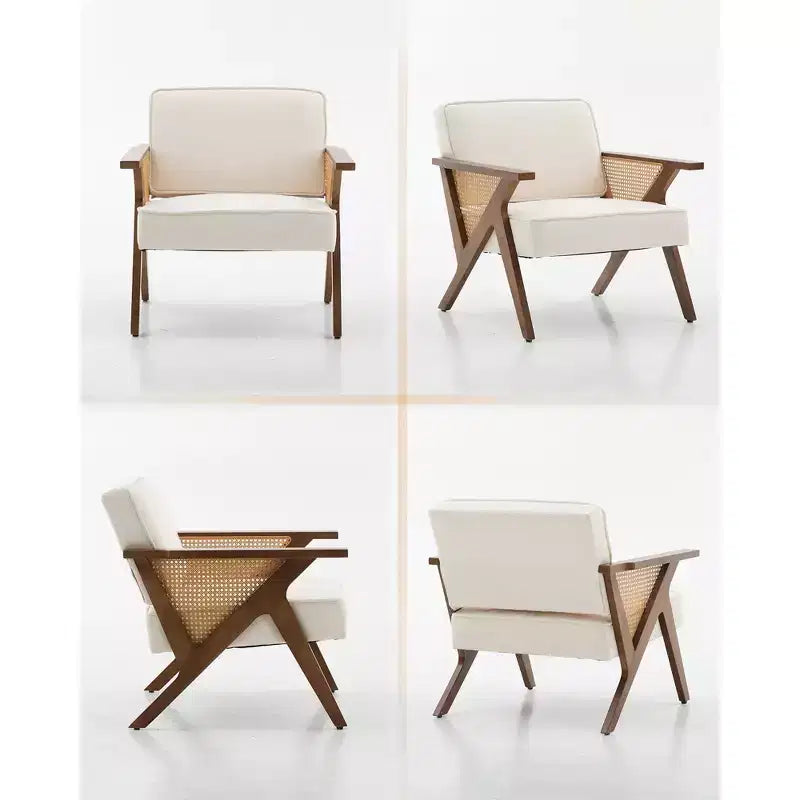 Poltrona imbottita in lino, sedia da trucco vintage in rattan in stile moderno di metà secolo con braccioli e gambe in legno per soggiorno camera da letto