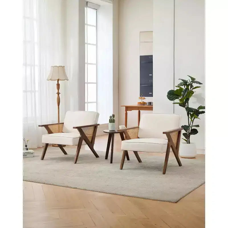 Poltrona imbottita in lino, sedia da trucco vintage in rattan in stile moderno di metà secolo con braccioli e gambe in legno per soggiorno camera da letto