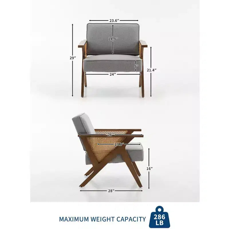 Poltrona imbottita in lino, sedia da trucco vintage in rattan in stile moderno di metà secolo con braccioli e gambe in legno per soggiorno camera da letto