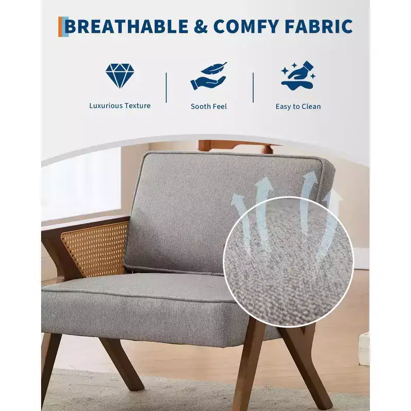 Poltrona imbottita in lino, sedia da trucco vintage in rattan in stile moderno di metà secolo con braccioli e gambe in legno per soggiorno camera da letto
