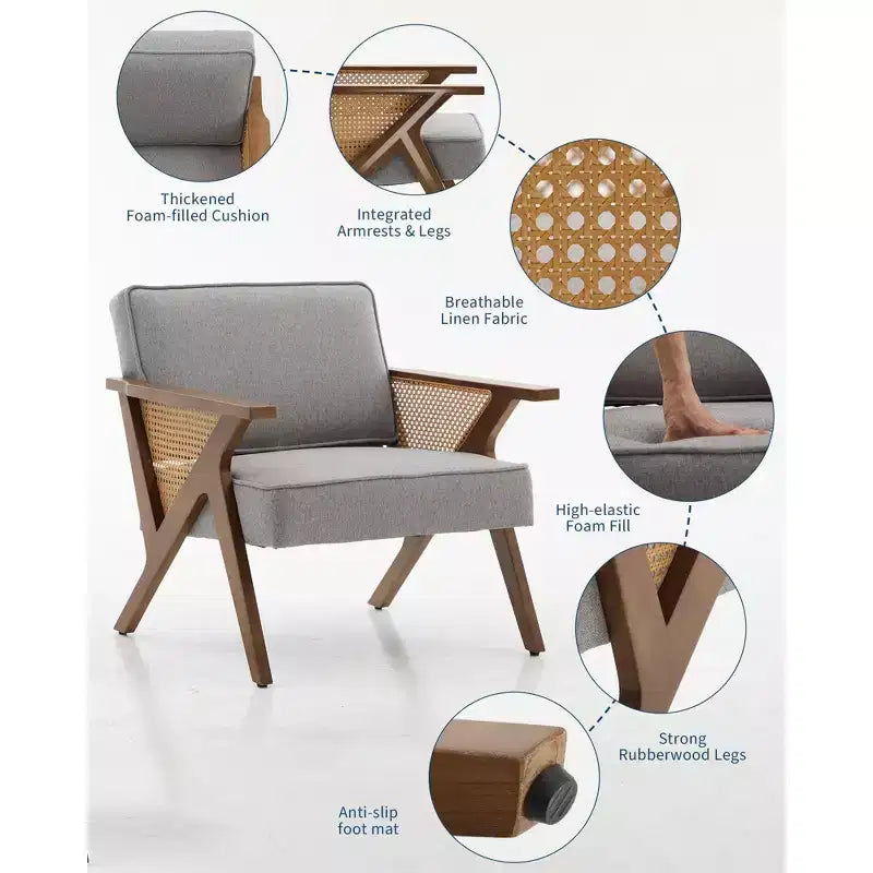 Poltrona imbottita in lino, sedia da trucco vintage in rattan in stile moderno di metà secolo con braccioli e gambe in legno per soggiorno camera da letto