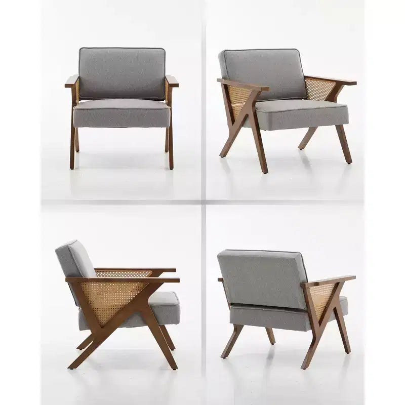 Poltrona imbottita in lino, sedia da trucco vintage in rattan in stile moderno di metà secolo con braccioli e gambe in legno per soggiorno camera da letto
