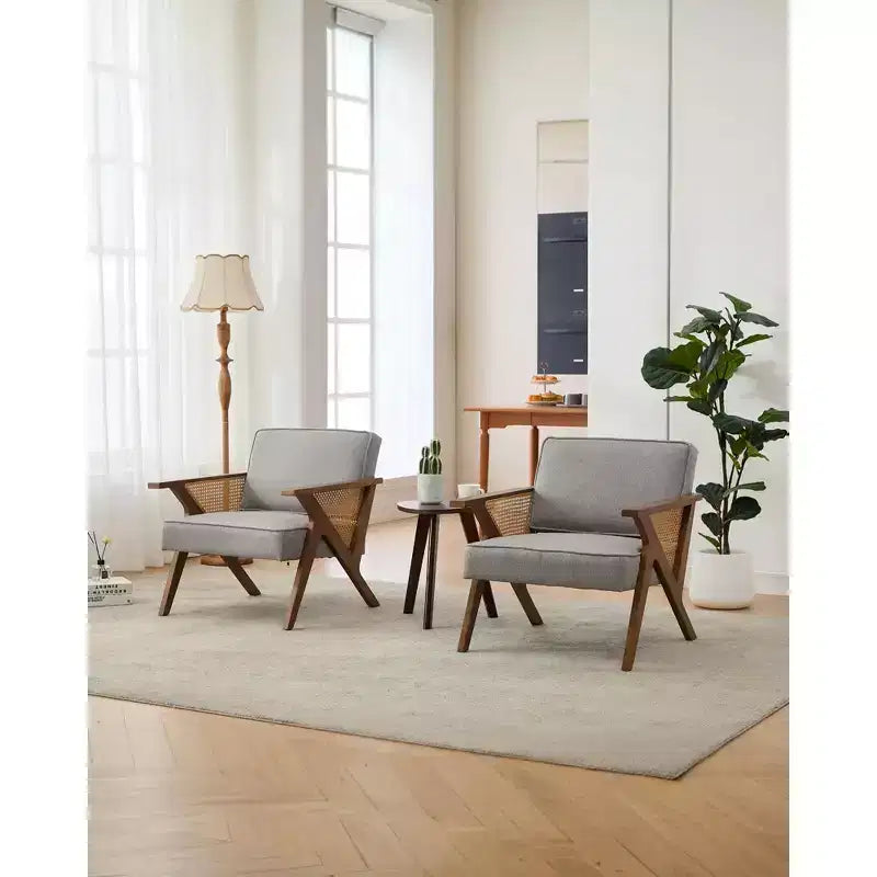 Poltrona imbottita in lino, sedia da trucco vintage in rattan in stile moderno di metà secolo con braccioli e gambe in legno per soggiorno camera da letto