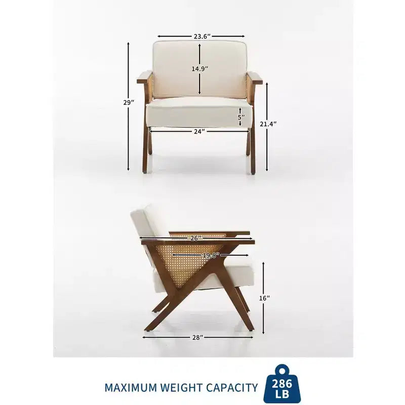 Poltrona imbottita in lino, sedia da trucco vintage in rattan in stile moderno di metà secolo con braccioli e gambe in legno per soggiorno camera da letto