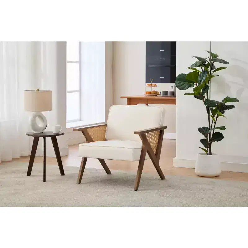 Poltrona imbottita in lino, sedia da trucco vintage in rattan in stile moderno di metà secolo con braccioli e gambe in legno per soggiorno camera da letto
