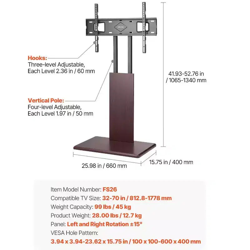 Supporto TV universale per TV da 32-70 pollici, base da tavolo girevole e regolabile in altezza, supporta 45 kg, VESA 600x400
