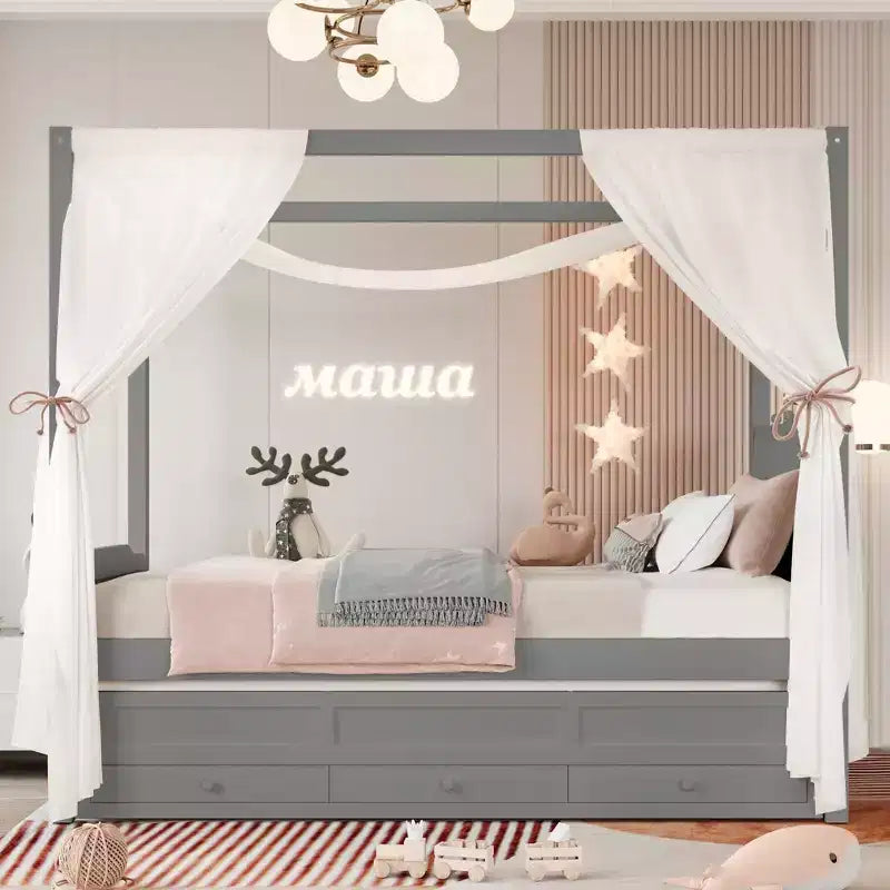 Letto a baldacchino moderno GDFStudio Zhiyuan in legno con testiera imbottita in lino, letto estraibile e 3 cassetti